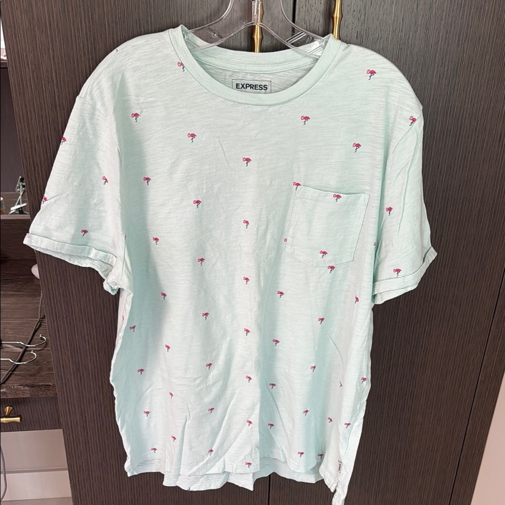 🦩Express Mint Green Men's Shirt with Pink Flamingo 🦩 Accents